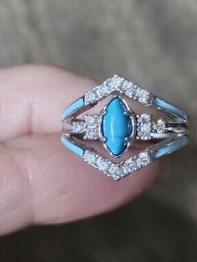 NEW 925 Sterling Silver Ring W/ Blue Inlay, Synthetic Turquoise Stone & Diamonds